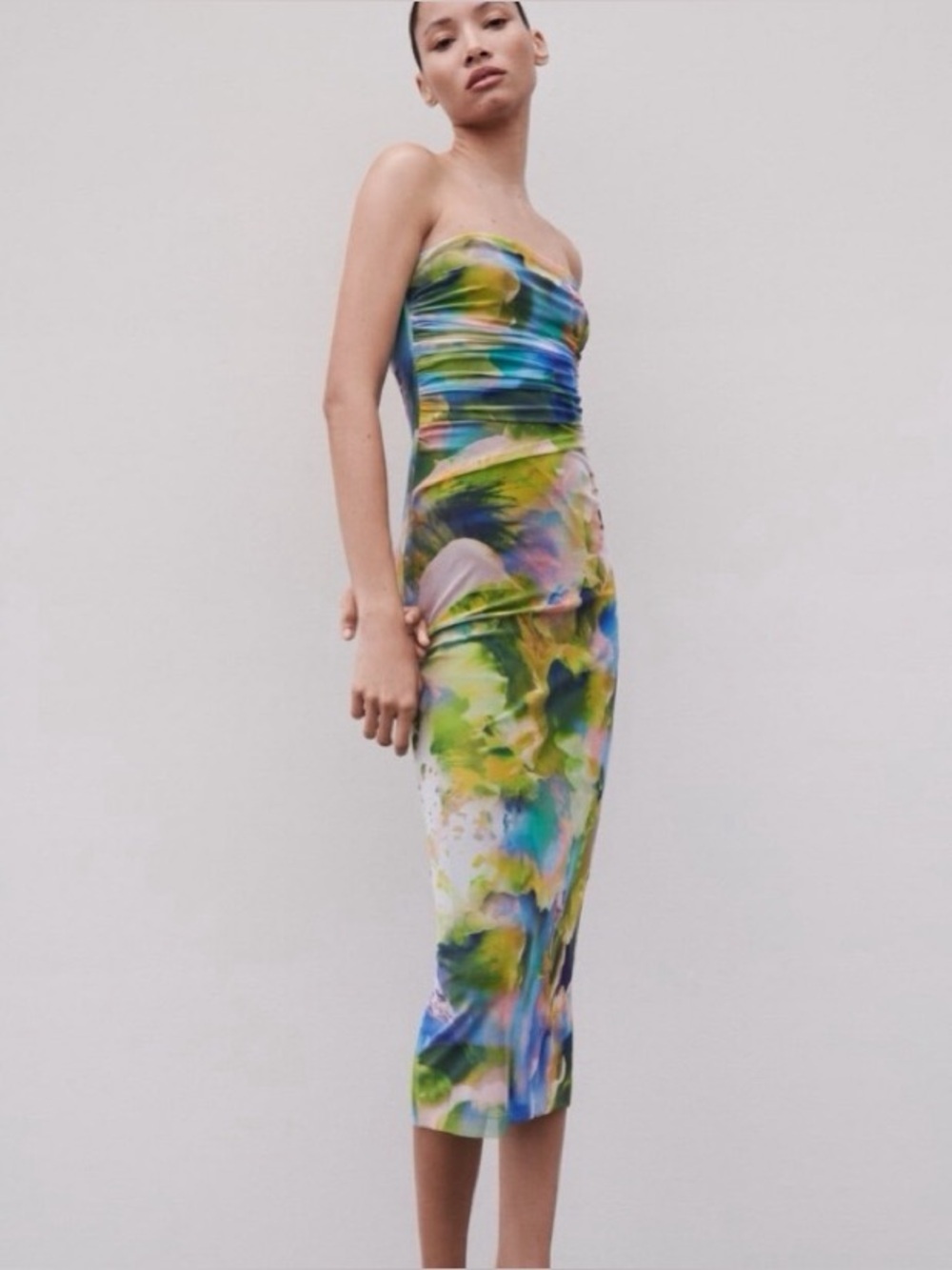 Zara Vibrant Watercolor Strapless Maxi Dress size small